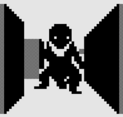 Grey pixelated screenshot of an early computer game featuring a Tyrannosaurus rex.