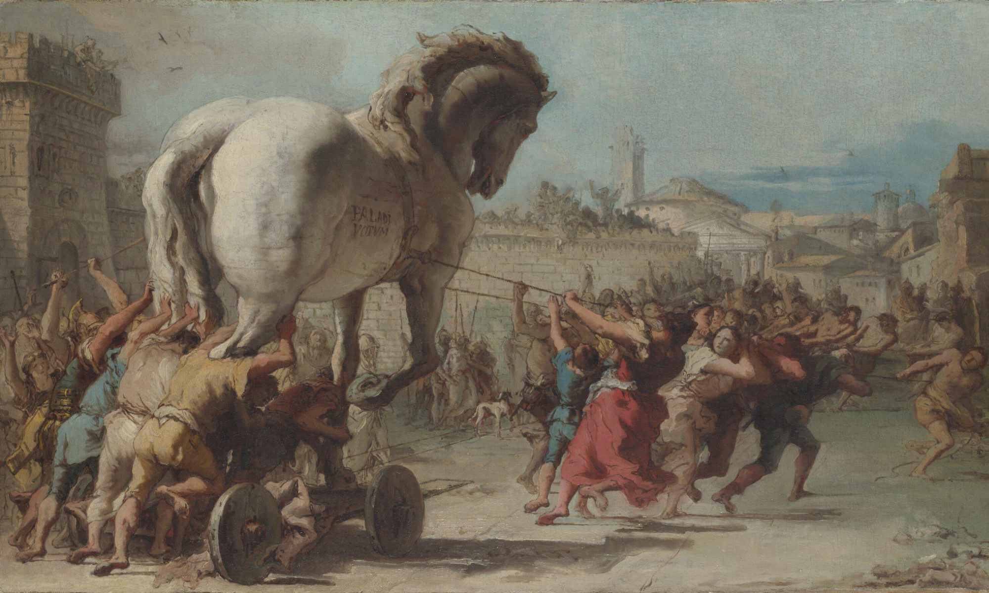 An 18th Century painting depicting the citizens of Troy pushing and pulling the horse into their city